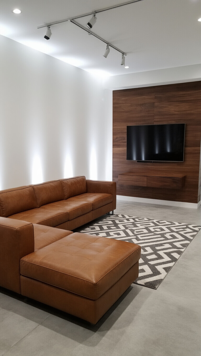 Minimalist basement with white walls, polished concrete floors, cognac leather sectional, walnut media wall, grayscale geometric rug, and twilight architectural lighting.