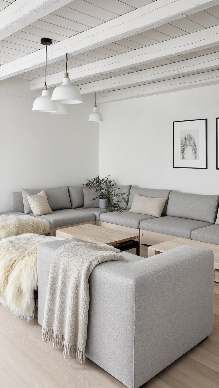Scandinavian-style basement with light pine furniture, pale gray modular sofa, whitewashed beams, and soft morning light from IKEA pendant lights.
