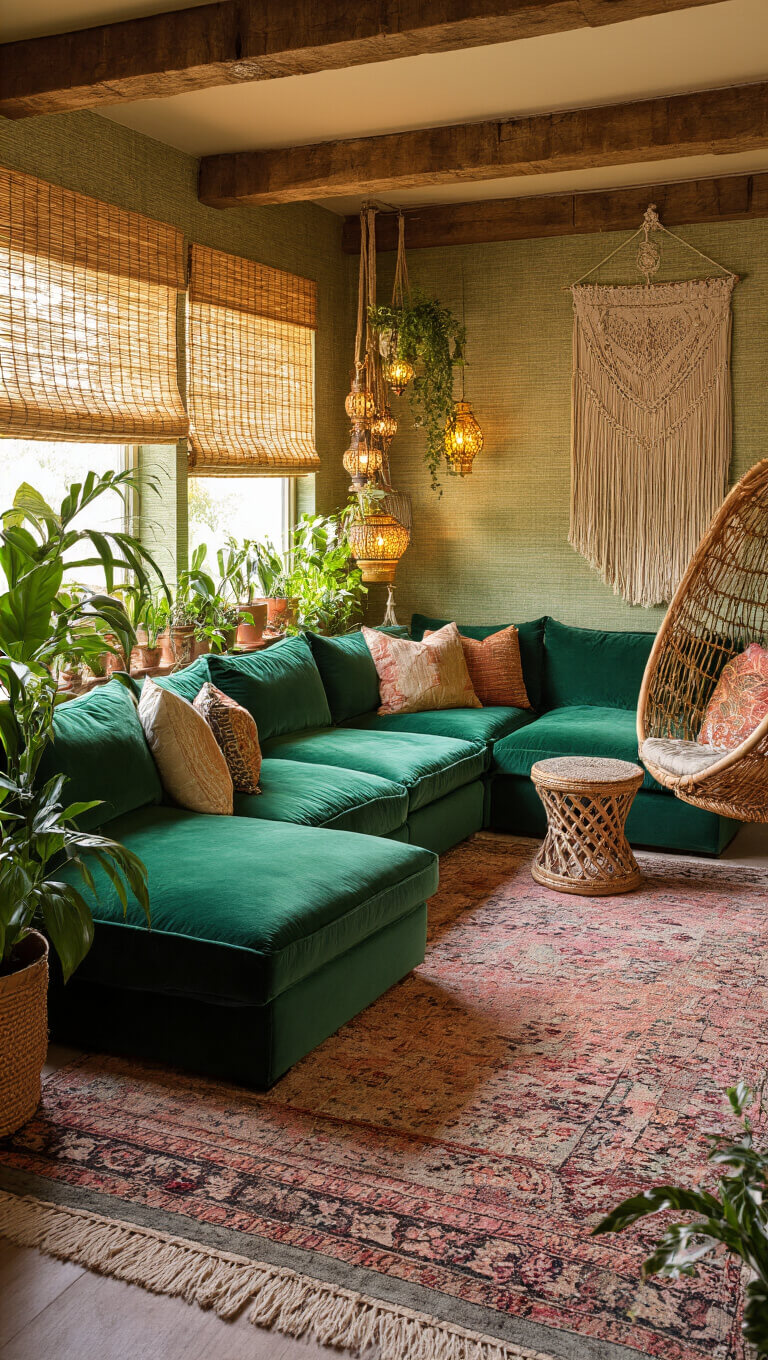 Bohemian basement hideaway with emerald velvet modular sofa, vintage rugs, rattan hanging chair, bamboo shades, and golden hour lighting filtered through Moroccan lanterns, surrounded by lush plants and macramé decor.