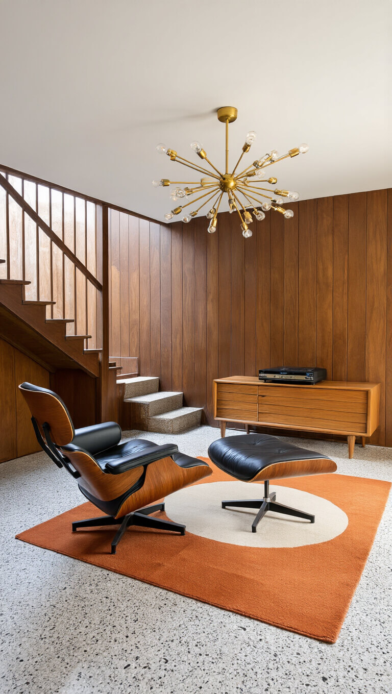 Mid-century modern basement lounge with walnut paneling, terrazzo floor, Eames chair, teak console, Sputnik chandelier, and geometric rug in burnt orange and cream.
