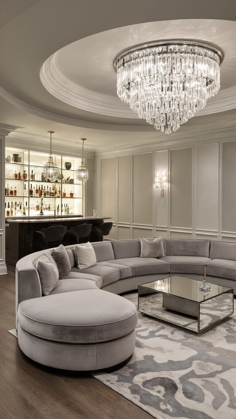 Luxurious transitional basement with tray ceiling, glowing chandelier and sconces, pearl gray curved velvet sectional, mirrored coffee table, abstract silk rug, and Art Deco-style bar in background.