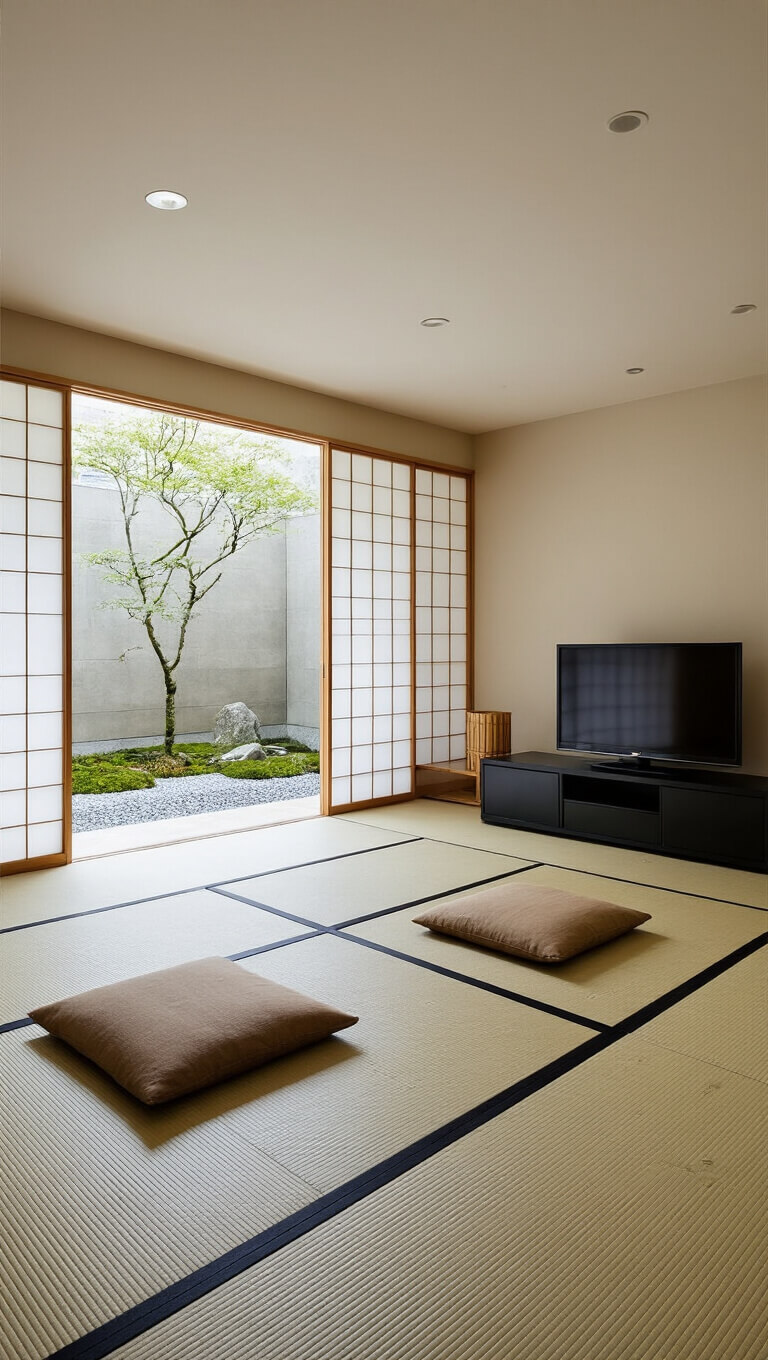 Japanese minimalist basement with tatami-style flooring, shoji screens, low platform seating, black media cabinet, and bamboo accents; soft daylight filters in, with a Zen rock garden visible through screens.