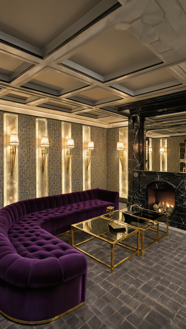 Art Deco basement salon with geometric wallpaper, purple velvet sofa, brass and glass furniture, black marble fireplace, and backlit onyx panels, shot straight-on to highlight symmetry and stepped ceiling design.