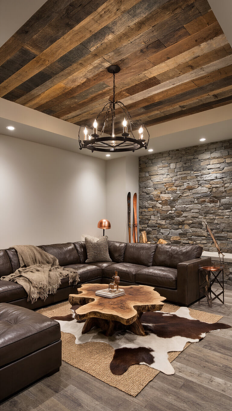 Modern rustic basement with reclaimed barn wood ceiling, stone accent wall, leather sectional, live-edge coffee table, layered rugs, and vintage ski lodge decor under warm dusk lighting.