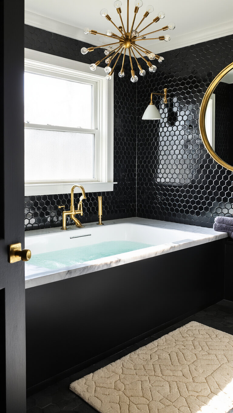 Luxurious black bathroom with matte black tub, glossy hex tile wall, brass fixtures, white marble vanity, and morning light through frosted window.