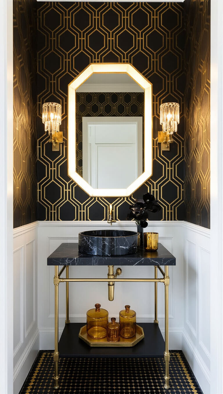Art Deco powder room with black and gold geometric wallpaper, black marble sink with brass legs, backlit round mirror, crystal sconces, and black penny tile floor with gold grout.