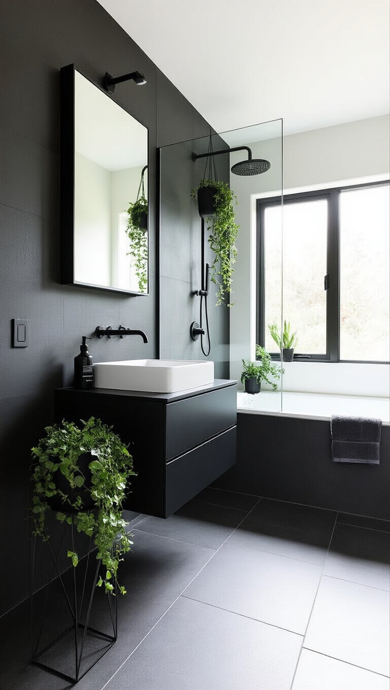 Modern minimalist ensuite bathroom with black floating vanity, white vessel sink, black steel faucet, and glass shower, accented by geometric planters and charcoal towels.