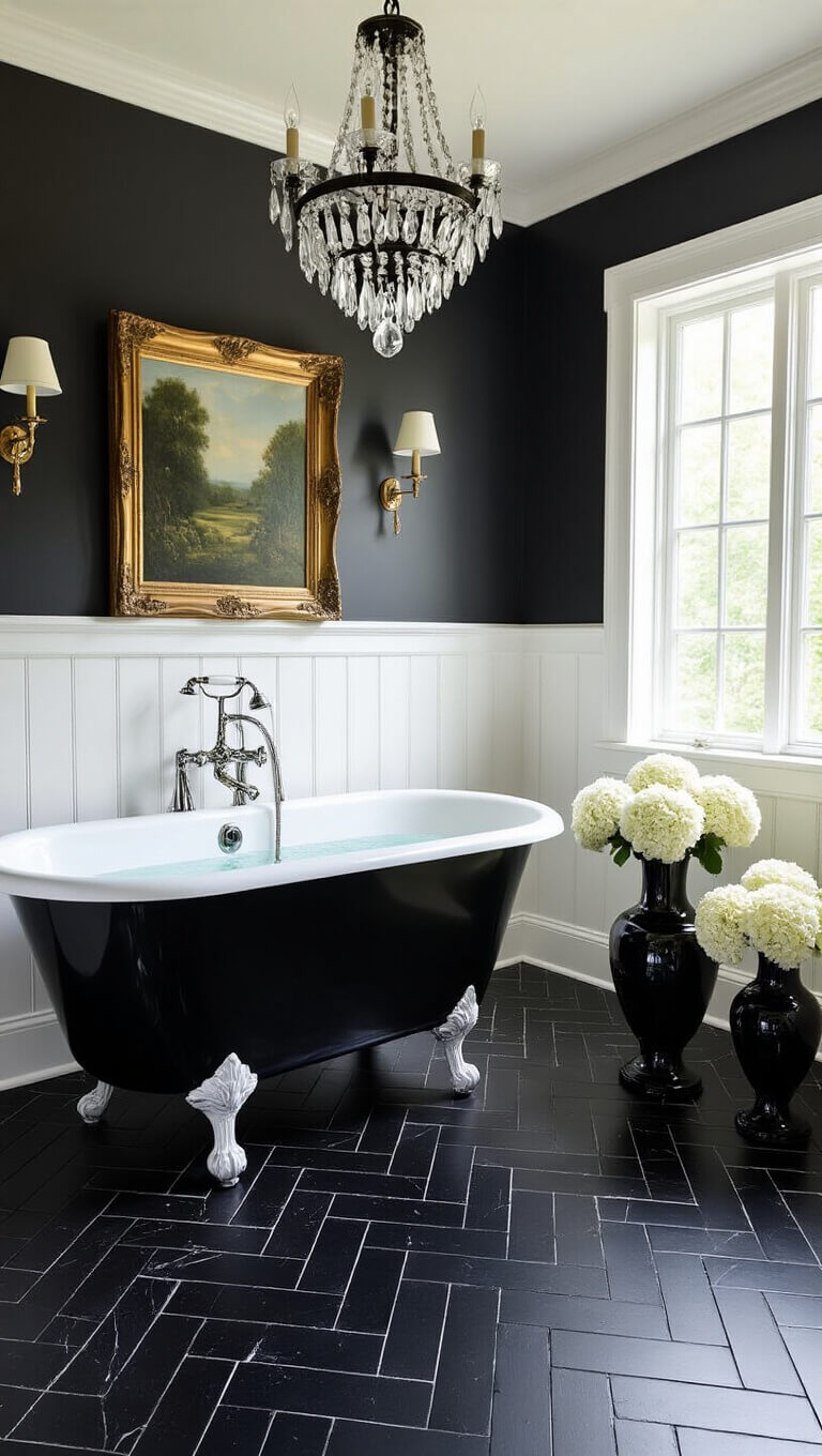 Transitional black bathroom with herringbone black marble floor, clawfoot tub, white wainscoting, crystal chandelier, and mixed-metal fixtures.