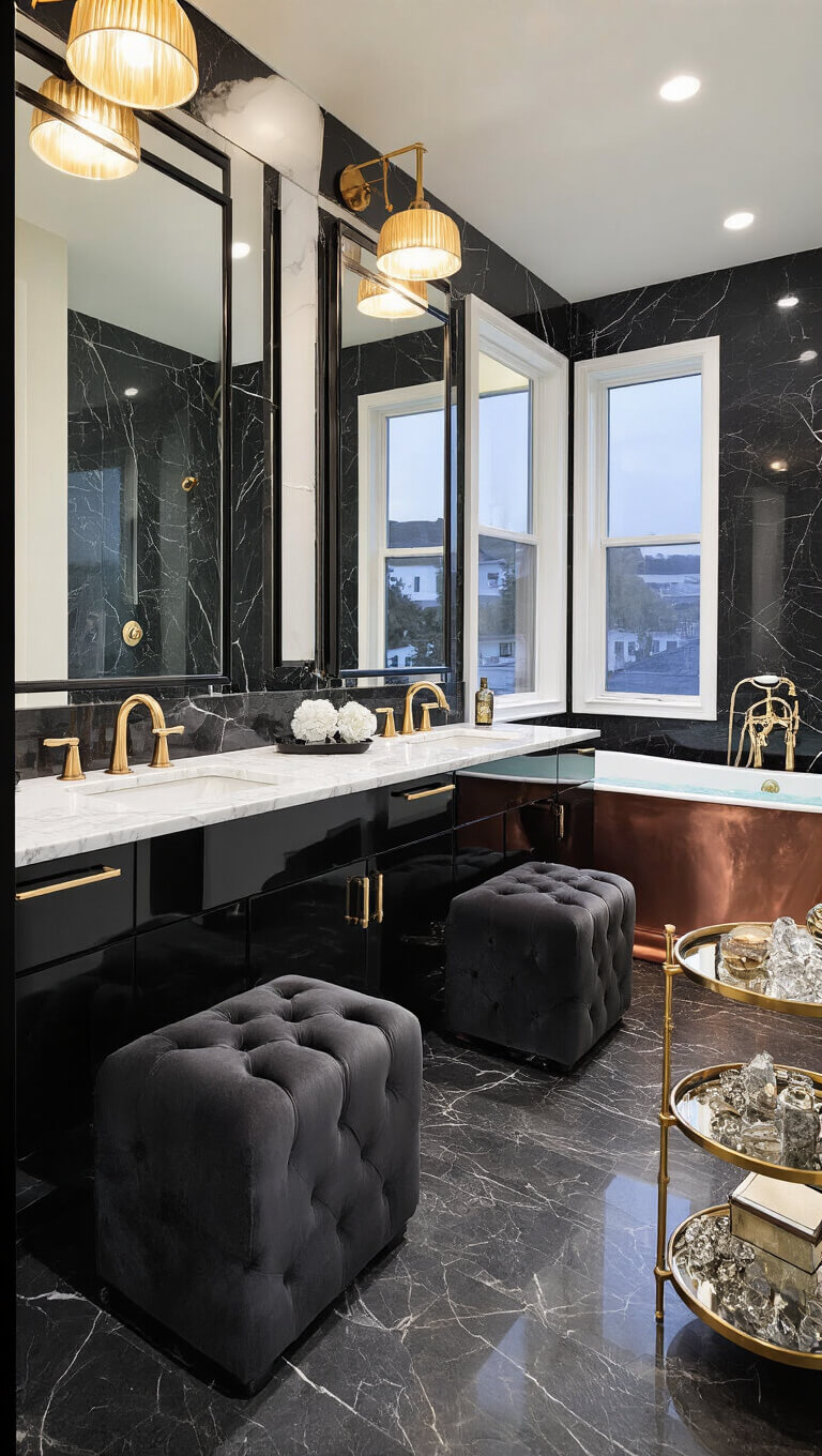 Dramatic glam bathroom with black double vanity, Calacatta marble, copper tub, and ambient dusk lighting.