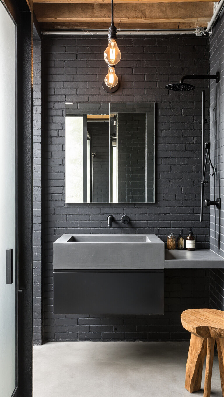 Industrial-modern black bathroom with exposed black steel beams, black brick walls, concrete floating vanity, glass shower enclosure, Edison bulb lighting, and natural morning light highlighting textures.