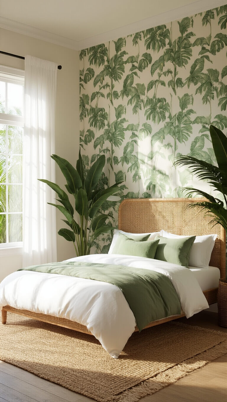 Sunlit tropical-themed bedroom with king bed, rattan headboard, botanical pillows, large plants by floor-to-ceiling windows, and emerald wallpaper feature wall.