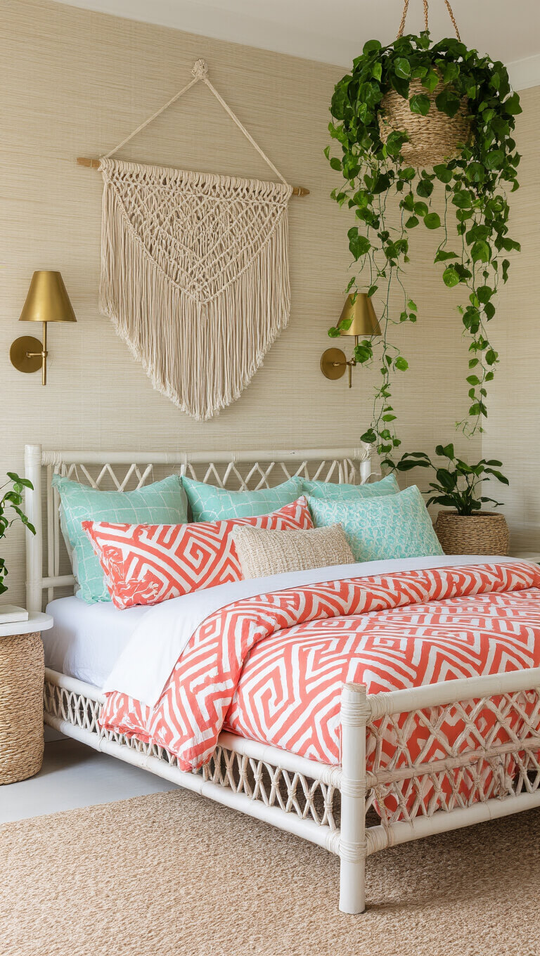 Low-angle view of a tropical 12x14ft bedroom with a whitewashed bamboo bed, coral and mint bedding, macramé wall hanging, brass sconces, hanging pothos plants, and sandy beige grasscloth wallpaper.
