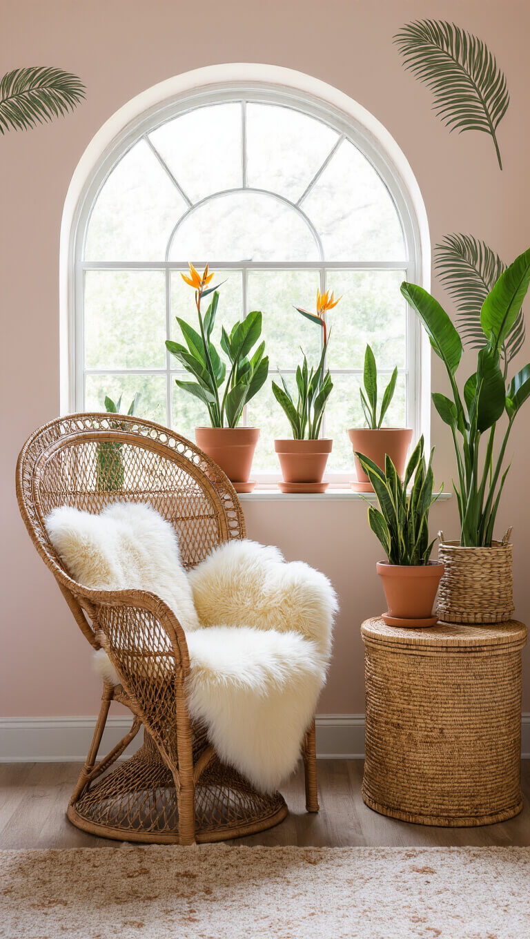 Cozy bedroom alcove with rattan peacock chair, sheepskin throw, potted plants, and blush pink walls with palm decals, softly lit by natural light.