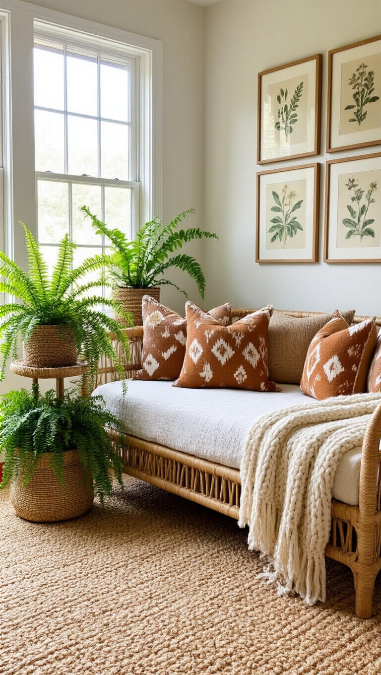 Airy 13x15ft guest bedroom with rattan daybed, earth-toned pillows, vintage botanical gallery wall, cream knit throw, tropical plants on a three-tiered stand, and natural sisal carpet in bright midday light.
