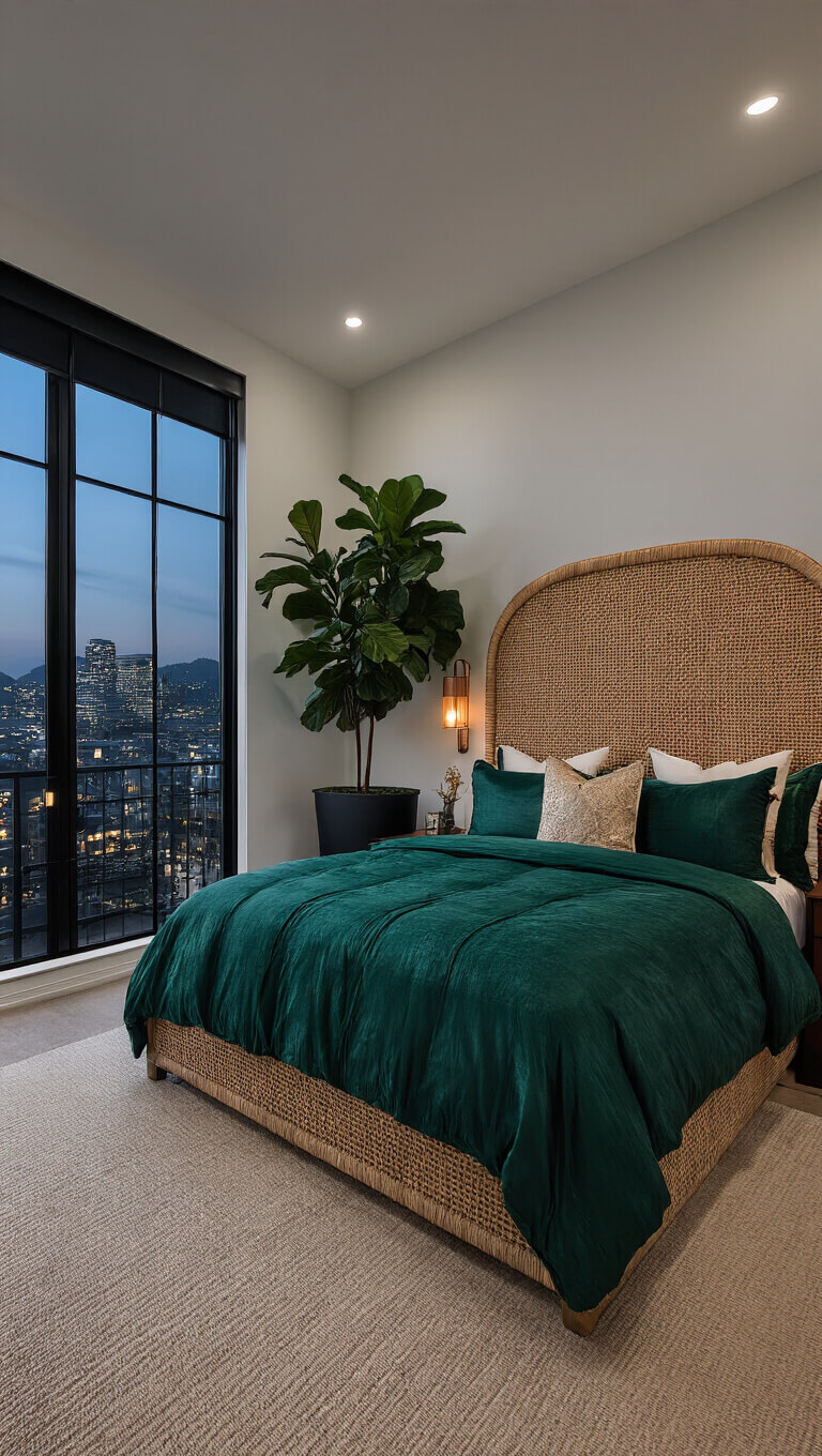 Dramatic dusk view of a luxurious primary bedroom with emerald silk bedding, ceiling-high woven headboard, city lights through black-framed windows, brass fixtures, and moody lighting.