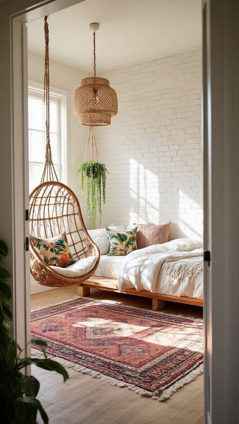 Bohemian bedroom with morning light, low platform bed, vintage Moroccan rugs, hanging rattan chair, macramé plant hangers, whitewashed brick wall, and woven pendant lights casting shadows.