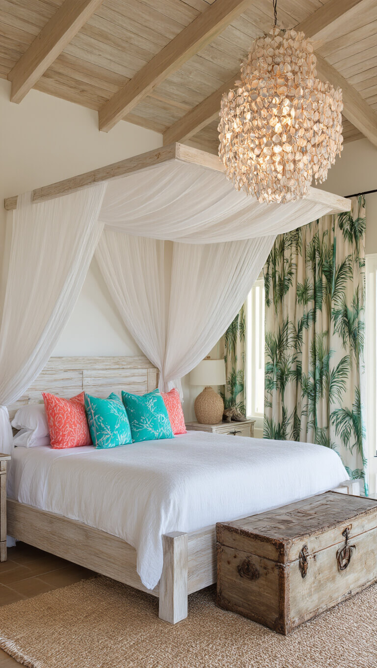 Sunset-lit coastal tropical bedroom with white canopy bed, coral and turquoise pillows, capiz shell chandelier, palm print curtains, and weathered trunk bench.
