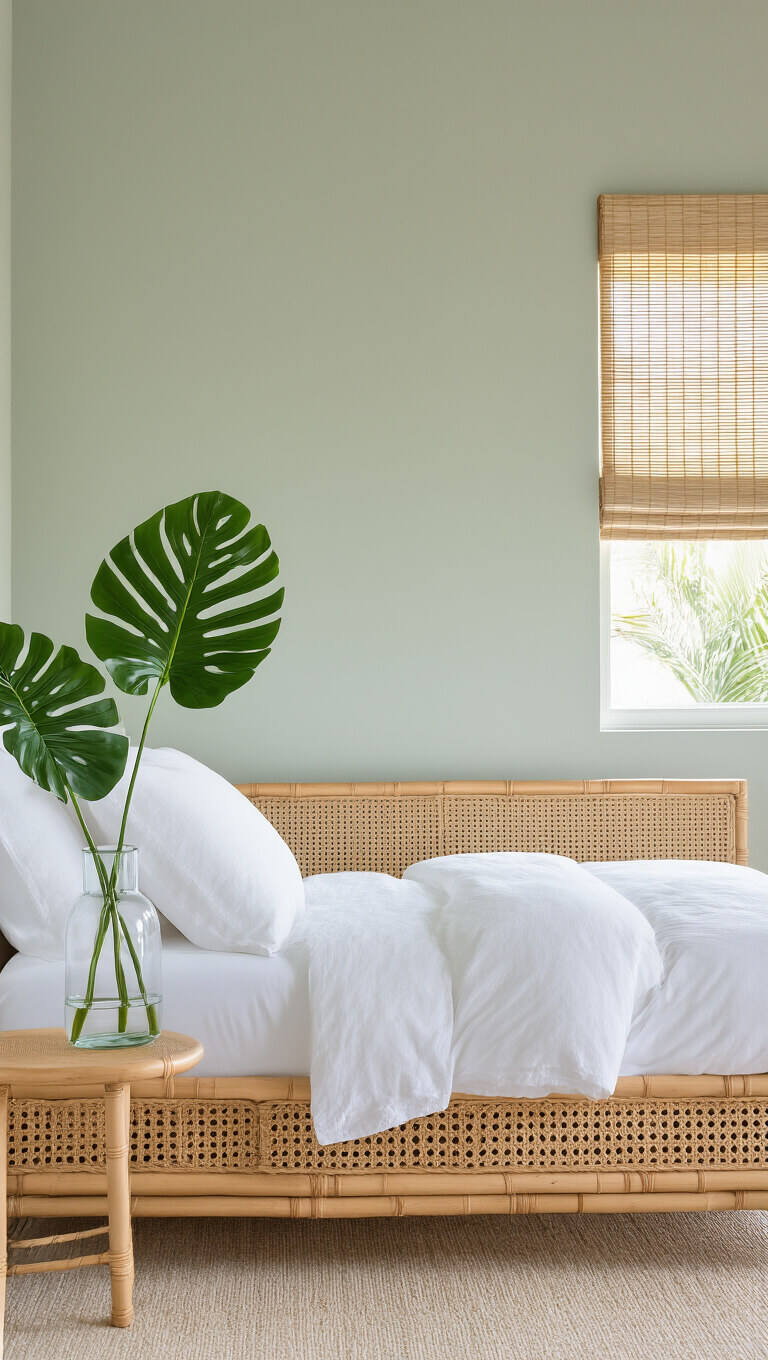 Minimalist tropical bedroom with rattan bed, white bedding, monstera leaf in glass vase, bamboo nightstands, sage green palm-textured accent wall, and filtered midday light.