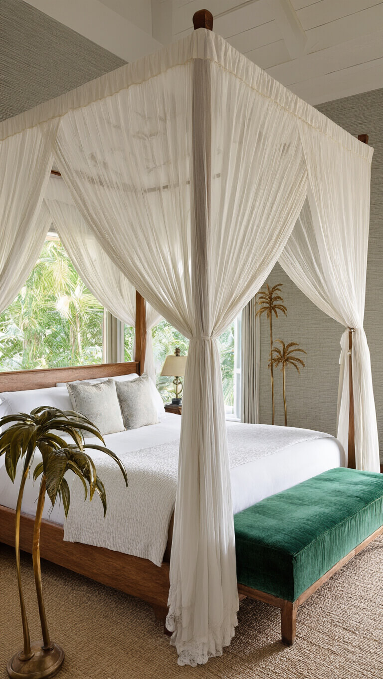 Luxury tropical suite at dawn with four-poster teak bed, ivory mosquito net, emerald velvet bench, floor-to-ceiling garden windows, and vintage brass palm lamp.