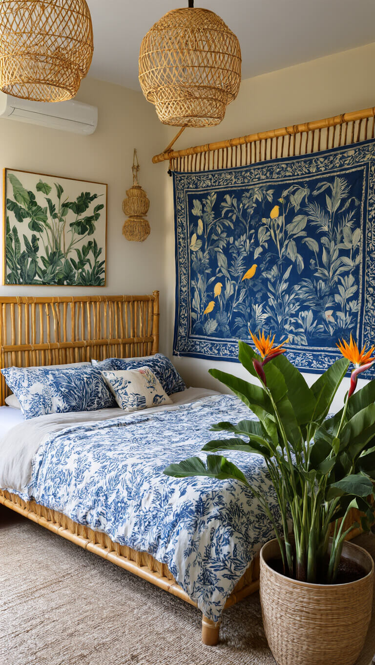 Artist’s bedroom with vintage bamboo canopy bed, indigo tapestry headboard, tropical and abstract gallery wall, large bird of paradise plants in ceramic pots, and warm golden hour lighting.
