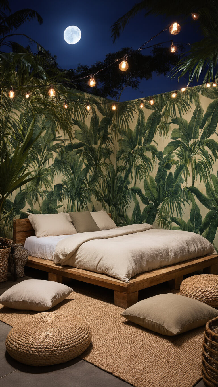 Low-angle view of a moonlit tropical bedroom with a platform bed, organic linens, silk and jute floor cushions, palm shadows, copper string lights, and banana leaf wallpaper.