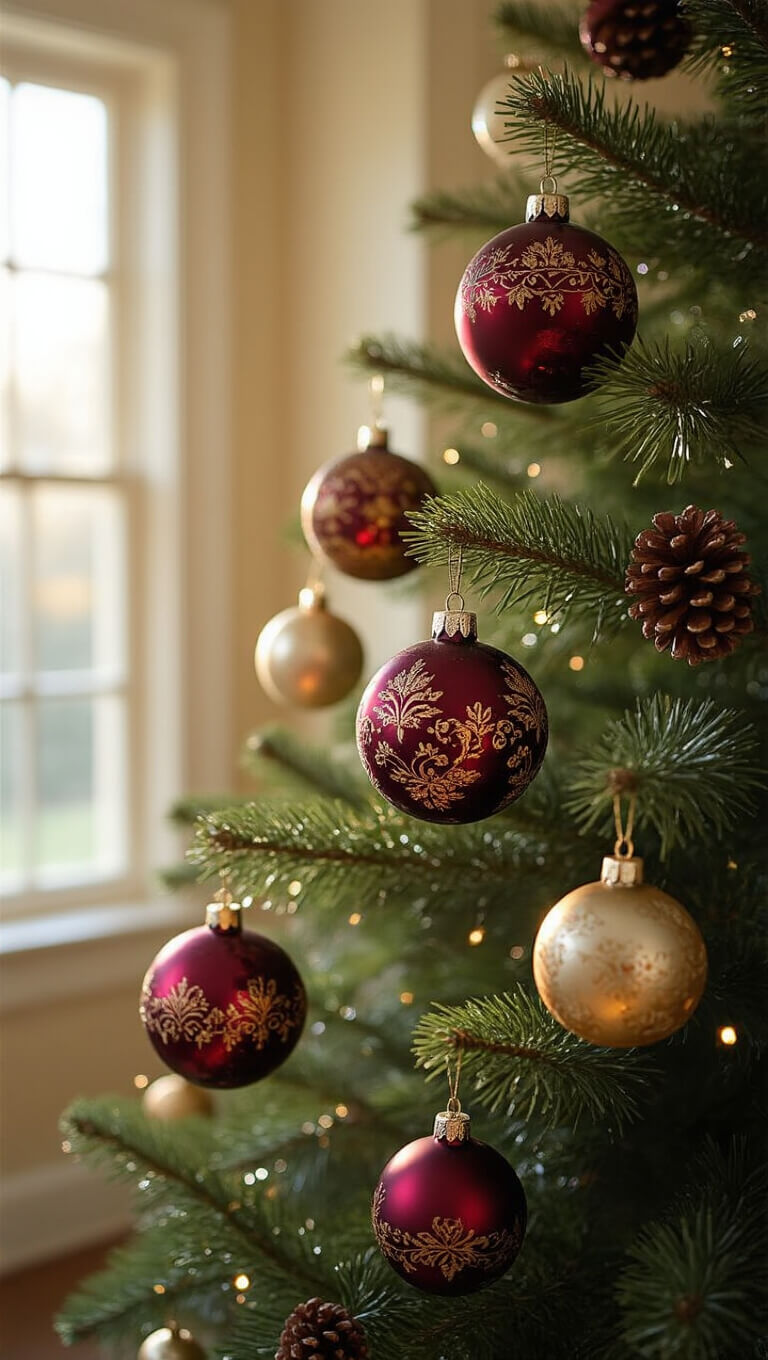 Close-up of vintage burgundy and gold Victorian Christmas ornaments on a noble fir, with sunlight creating sparkles on mercury glass and velvet textures.