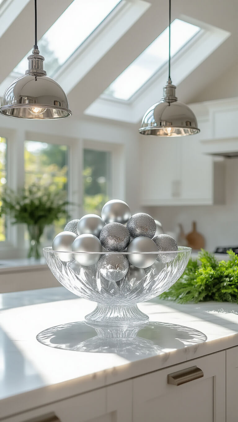 Modern kitchen with crystal bowl centerpiece filled with silver and white metallic ornaments on white marble island, illuminated by morning skylight and pendant lights.
