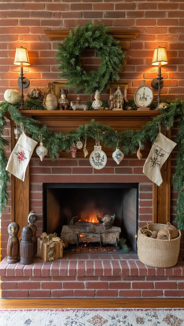 Cozy craftsman living room mantel with vintage ornaments, pine garland, and warm copper sconce lighting above a red brick fireplace.