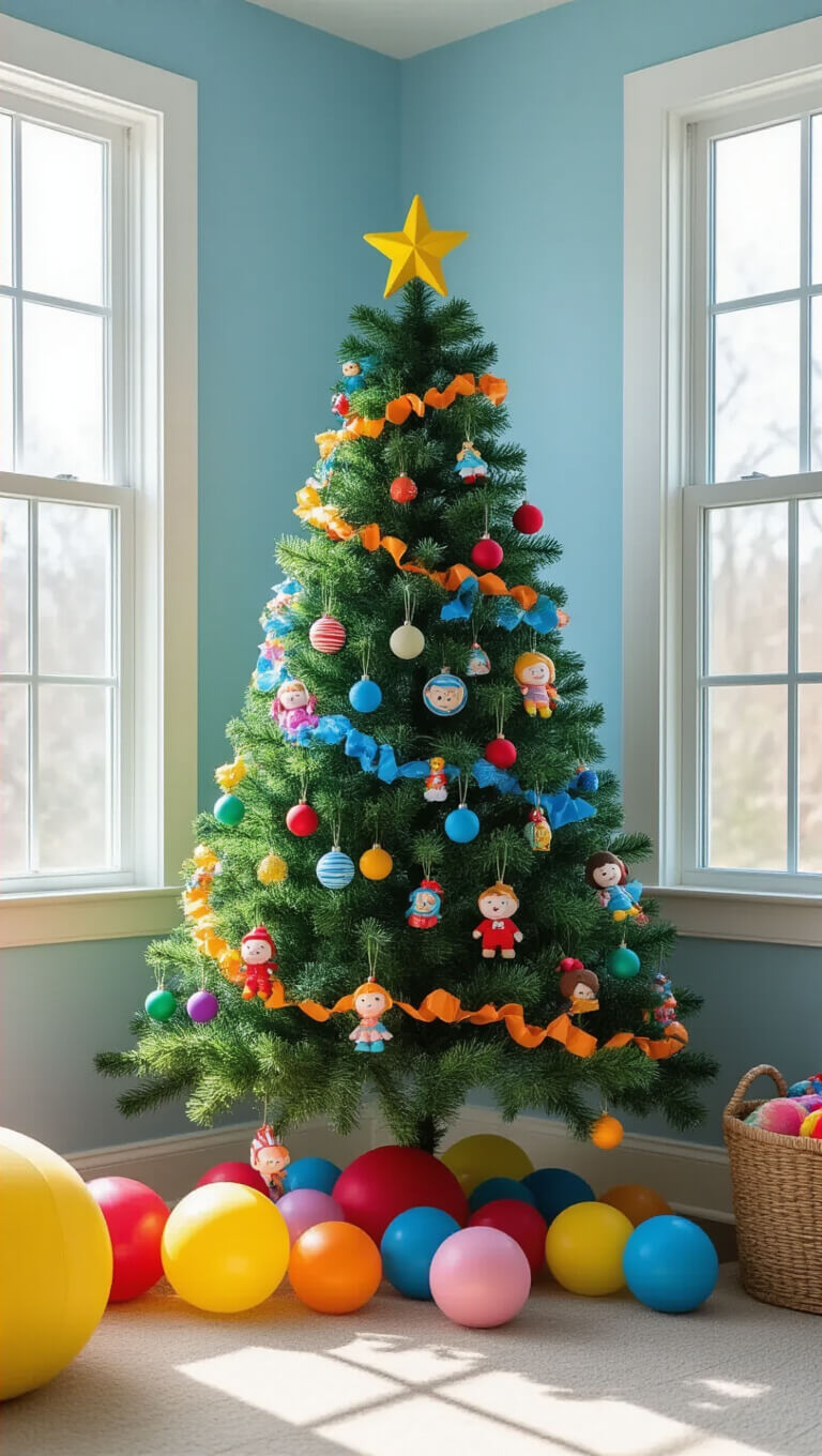 Whimsical children's playroom corner with 7-foot slim artificial tree decorated with colorful shatterproof ornaments, fabric balls, and ribbon garlands, lit by daylight from double windows.