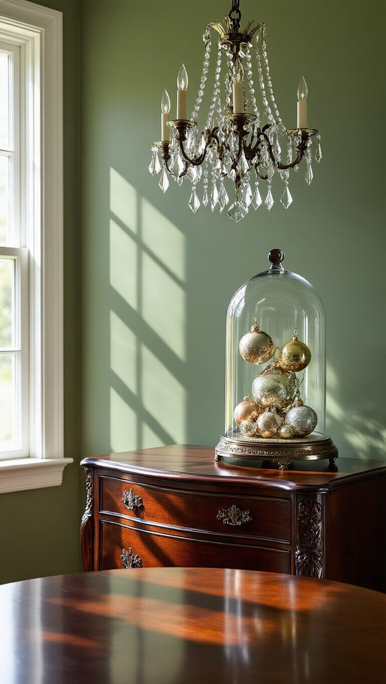 Elegant dining room sideboard with glass dome displaying heirloom ornaments, dramatic chandelier lighting, and detailed vintage decor on mahogany furniture against sage green walls.