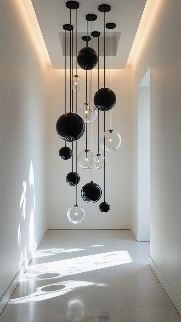 Modern minimalist entryway with suspended matte black and clear glass spheres, viewed from below with dramatic LED-lit shadows against 20-foot white walls.
