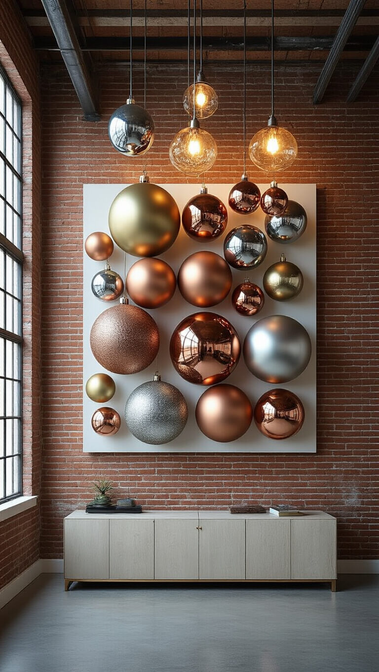 Contemporary loft with oversized metallic bauble wall art on exposed brick wall, lit by industrial pendant lights.