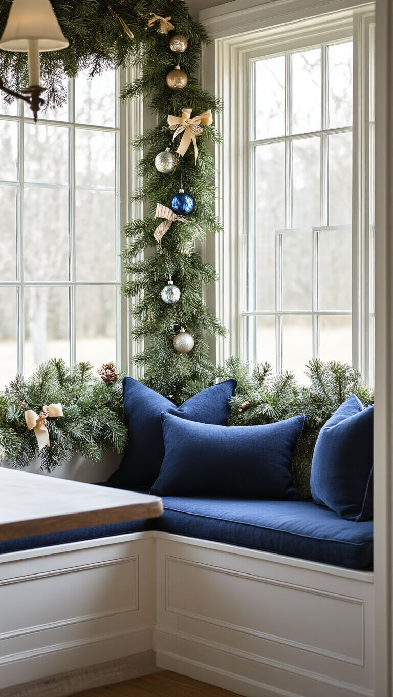 Cozy breakfast nook with pine garland, ornaments, and morning light through vintage window.