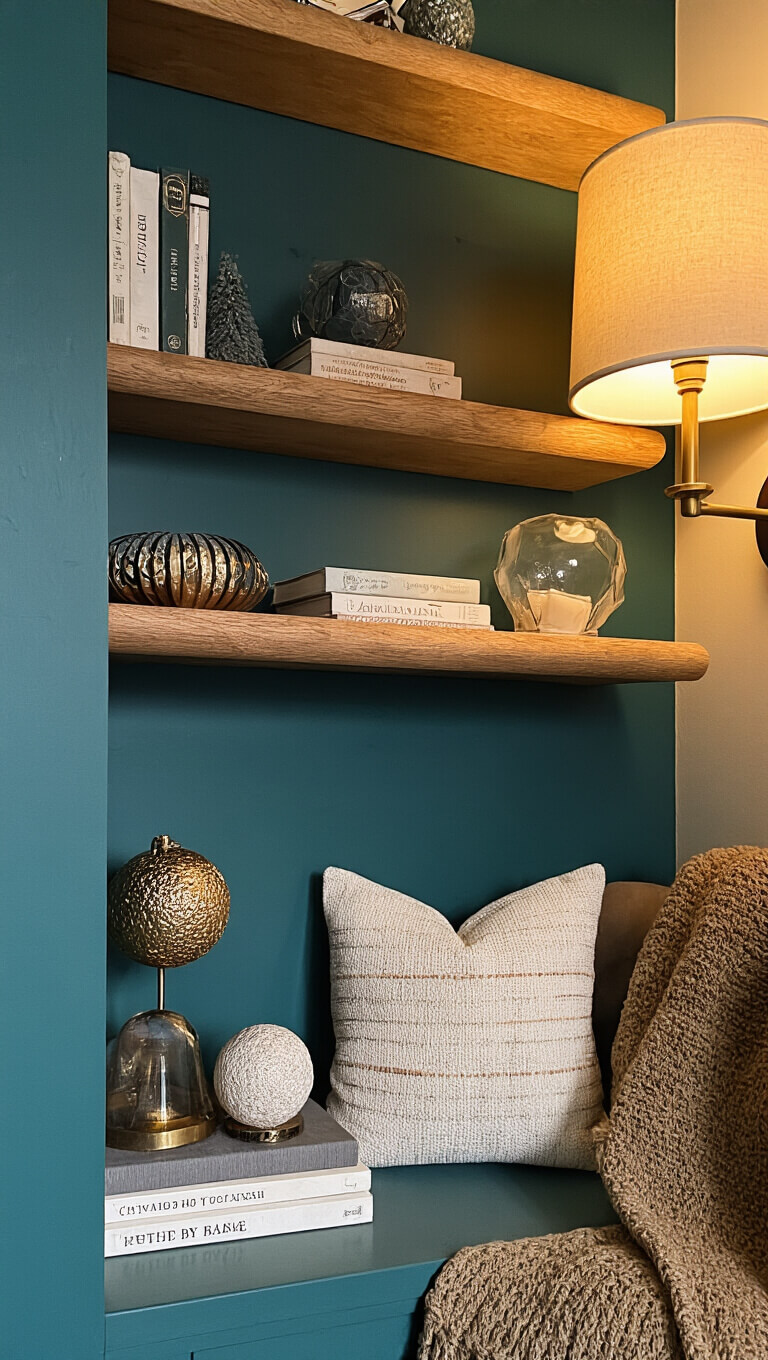 Cozy reading nook with warm lamp light, floating shelves displaying assorted ornaments against dark teal walls with brass accents.