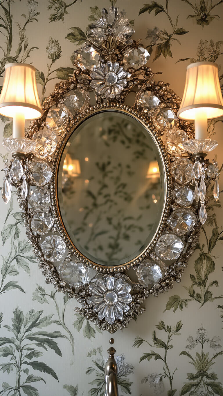 Close-up of vintage powder room with ornate mirror frame, botanical wallpaper, and glowing sconce lighting.