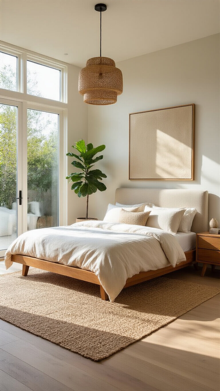 Serene bedroom with low wooden platform bed, cream linens, and soft morning light through floor-to-ceiling windows.