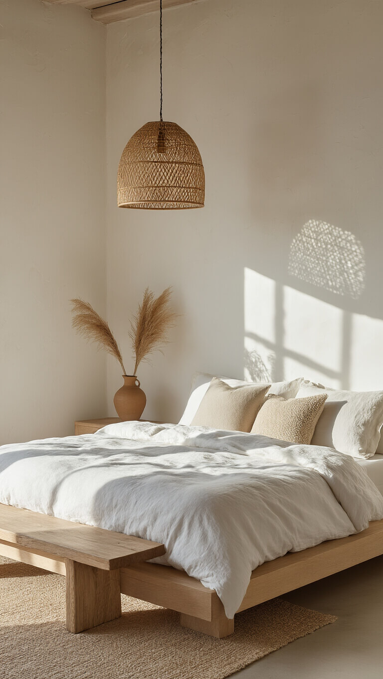 Cozy 12x14ft bedroom at golden hour with dramatic rattan light shadows, platform bed in bleached oak, rumpled white linens, neutral pillows, floating nightstand with dried pampas grass, and wooden bench.