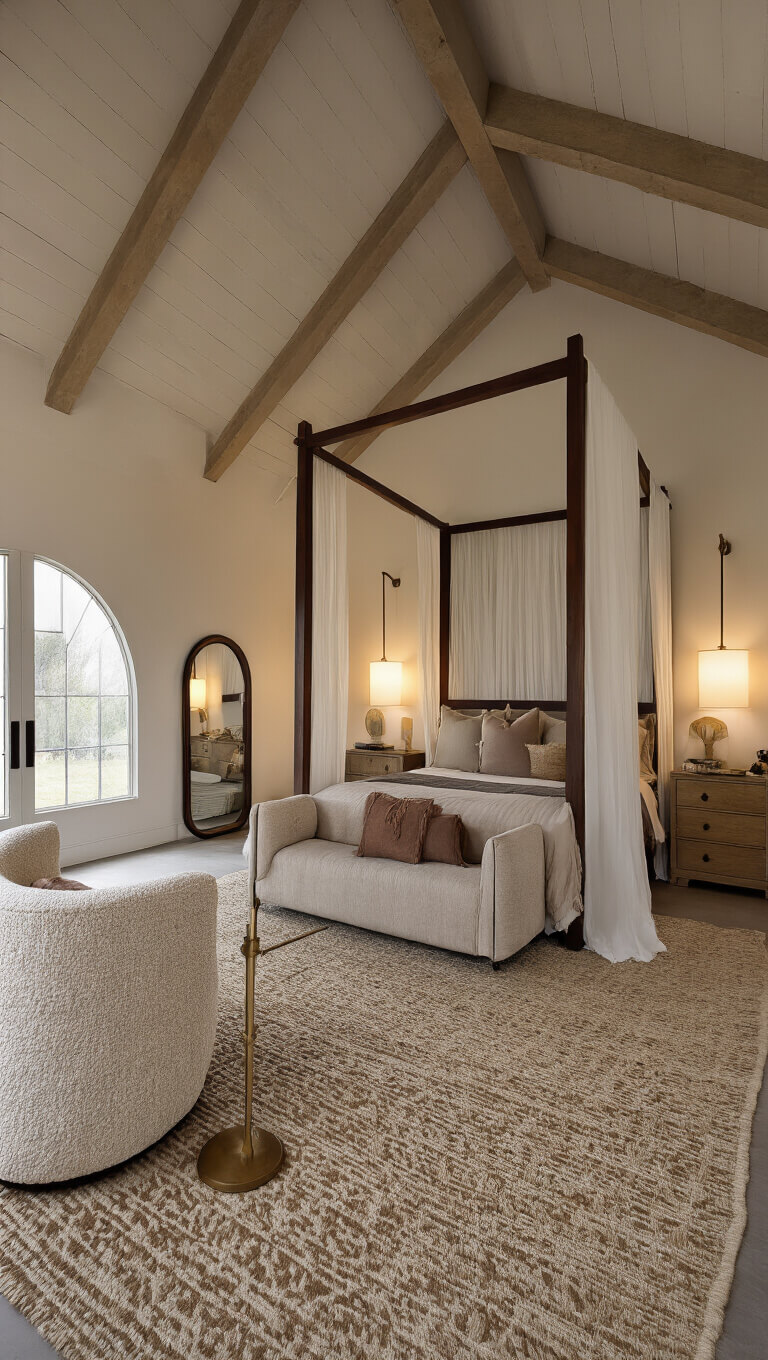 Bird's eye view of a moody, spacious 16x18ft primary bedroom at dusk with vaulted ceiling, light wood beams, canopy bed in dark walnut, layered neutral bedding, arched mirror, geometric wool runner, and curved bouclé reading chair with brass floor lamp.