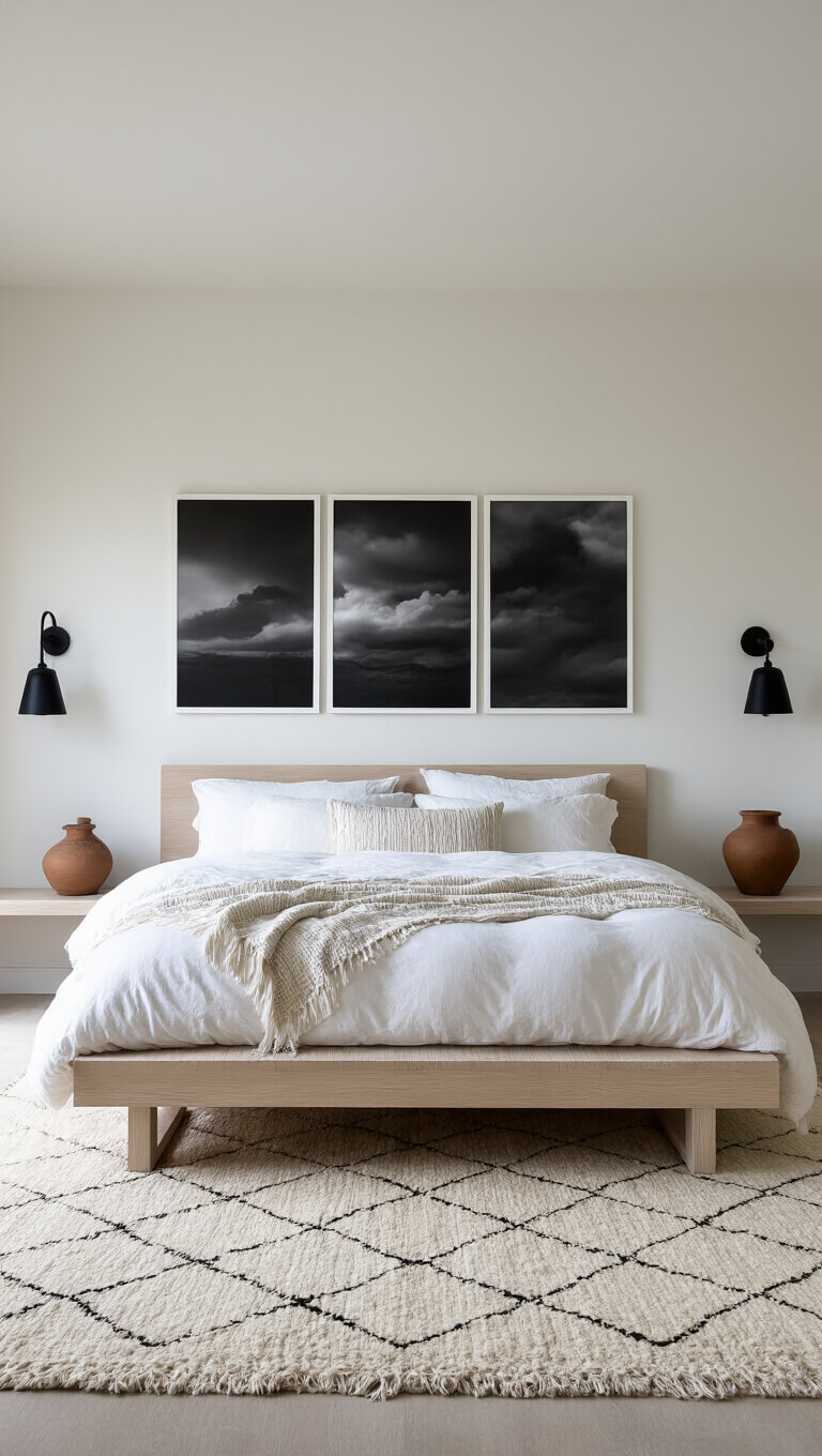 Minimalist 15x15ft bedroom with low whitewashed oak bed, cloud-like white bedding, black and white photo triptych, ceramic vessels on floating shelves, cream Moroccan rug, and matte black sconces in diffused afternoon light.