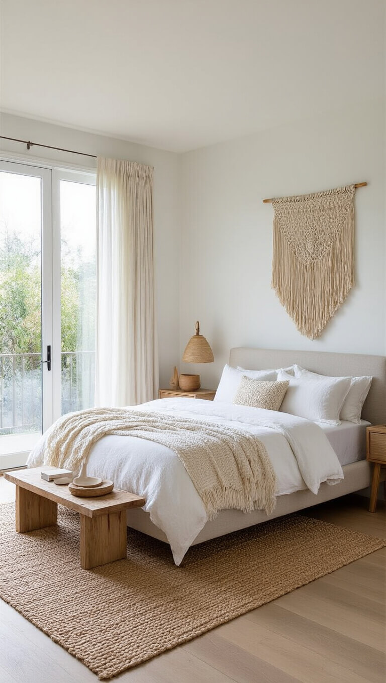 Bright 14x16ft corner bedroom with floor-to-ceiling windows, natural linen bed, white bedding, handcrafted wooden side tables, macramé wall hanging, and layered jute rug on wooden floor.