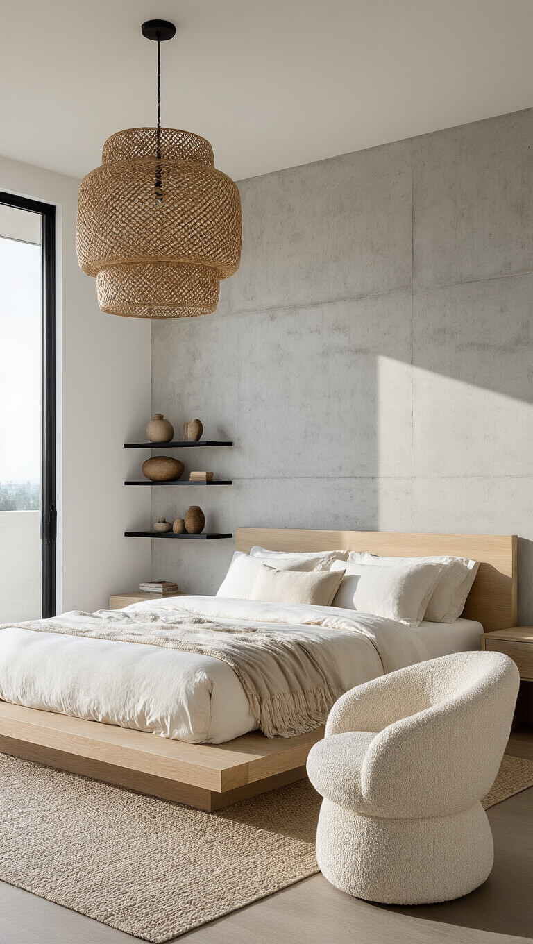 Minimalist 15x17ft bedroom at sunrise with concrete accent wall, platform bed, ivory bouclé chair, and rattan pendant casting shadows.