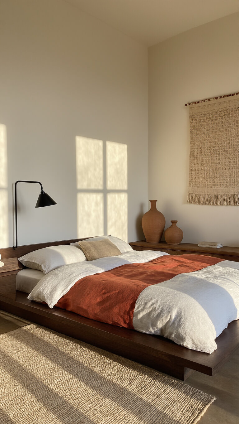 Contemporary 16x14ft bedroom with Japanese-inspired low dark oak bed, warm white and terra cotta bedding, neutral geometric wall tapestry, black reading lamp, ceramic vessels on console, bathed in golden late afternoon light.