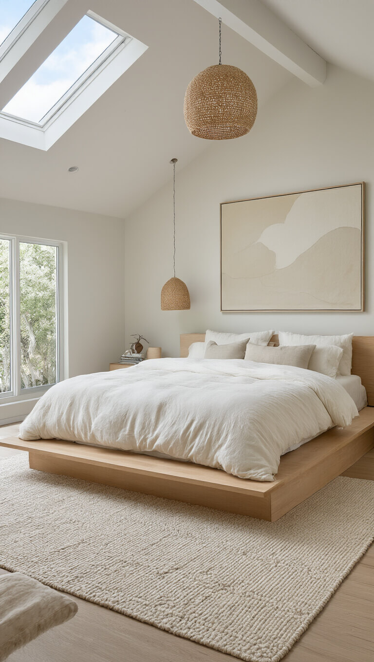 High-angle view of airy 15x15ft bedroom with cathedral ceiling, skylight, platform bed with white and cream bedding, neutral abstract art, ceramic pendant lights, and textured wool rug.