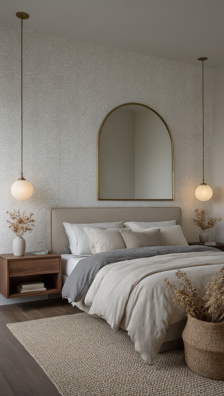 Cozy 13x14ft bedroom at blue hour with walnut low-profile bed, layered neutral bedding, floating nightstands, brass arched mirror, dried botanicals in basket, warm white textured wallpaper, and ambient ceramic lamp lighting.