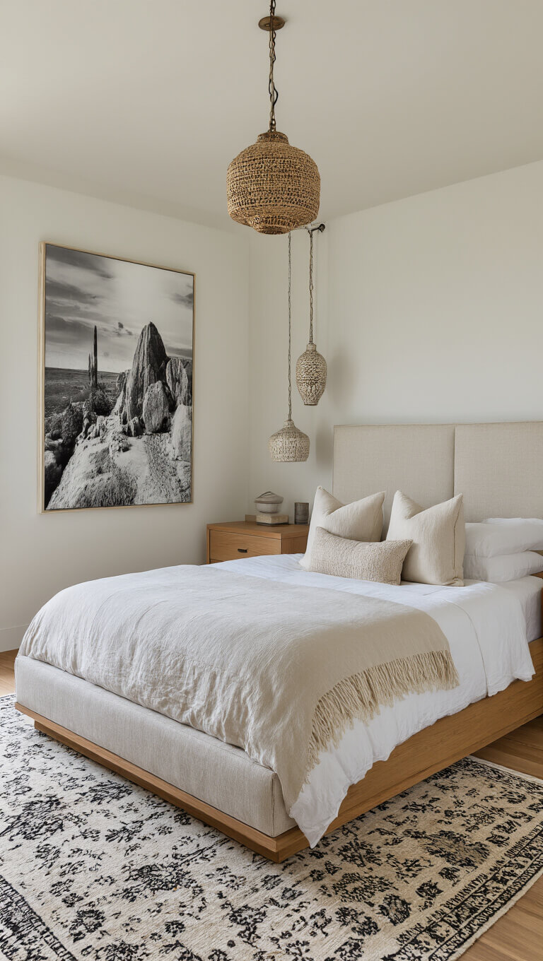 Elegant 14x16ft bedroom with natural light, linen headboard, white oak storage bed, ivory and sand bedding, black and white art, ceramic lights, and vintage Moroccan rug.