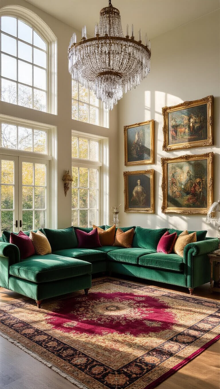 Sunlit living room with emerald velvet sectional, vintage Persian rug, crystal chandelier, and gallery wall in ornate gold frames.