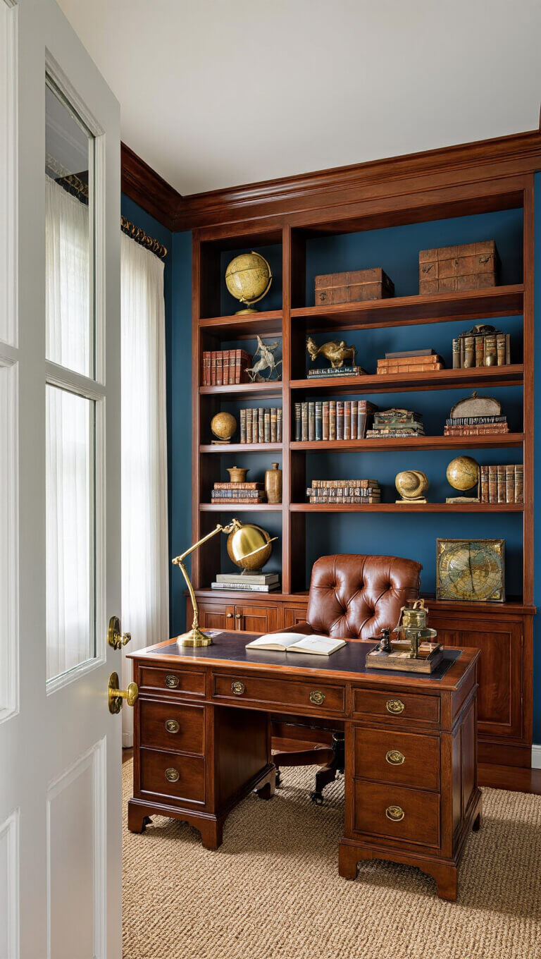 Cozy 12x14ft home office with mahogany bookshelves, leather-topped desk, brass accents, global artifacts, vintage globes, and peacock blue walls softly lit by morning light and warm lamps.