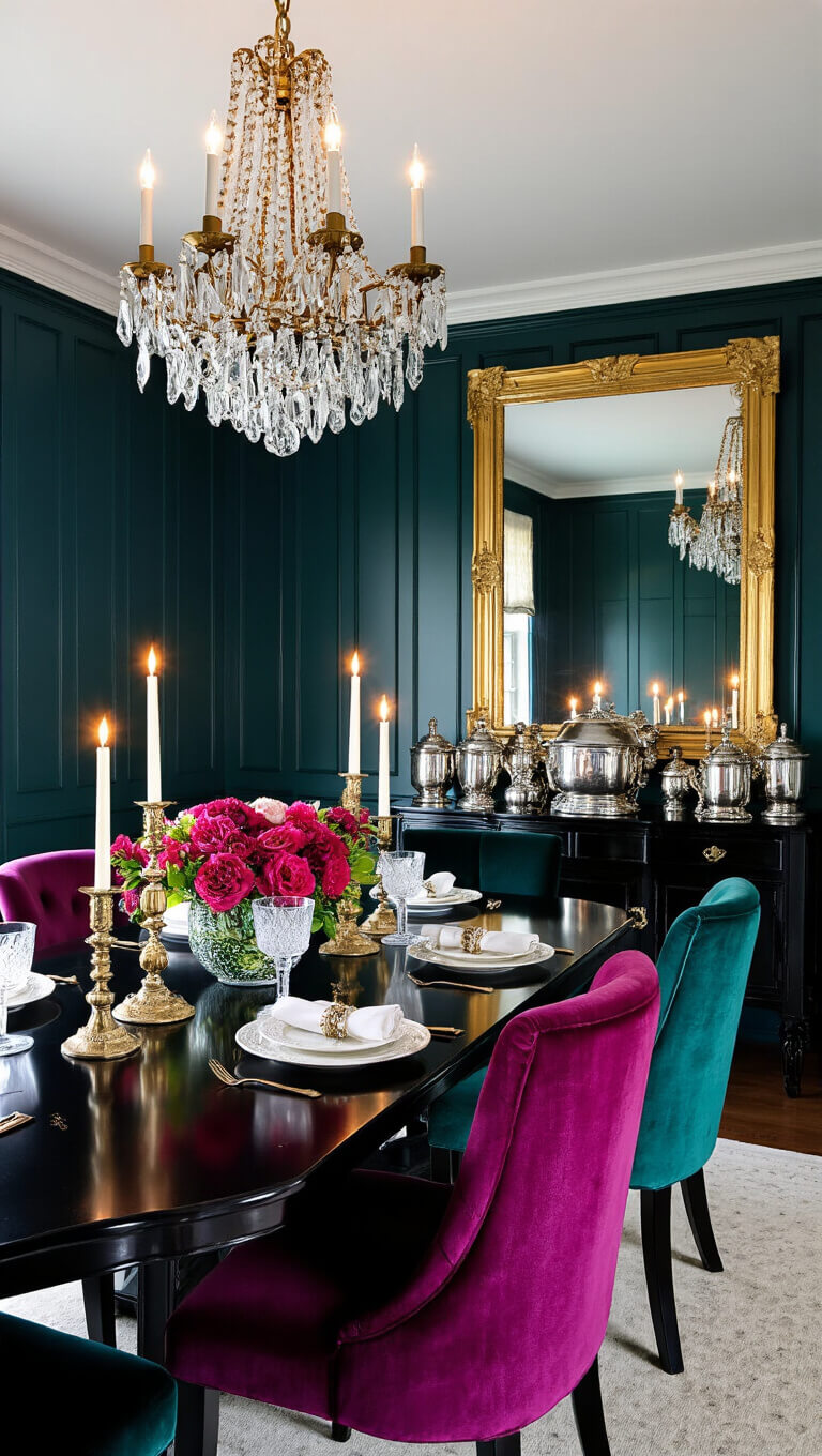Low-angle view of a moody formal dining room with a black lacquered table reflecting candlelight, velvet chairs in jewel tones, crystal chandelier, dark teal walls, and a gilt mirror above a sideboard with silver objects.