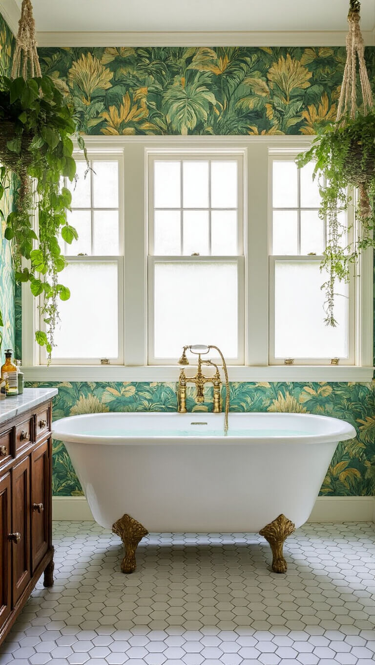Symmetrical spa-like botanical bathroom with clawfoot tub, tropical emerald and gold wallpaper, brass fixtures, vintage apothecary cabinet, marble hex tile floor, and cascading plants in macramé hangers.
