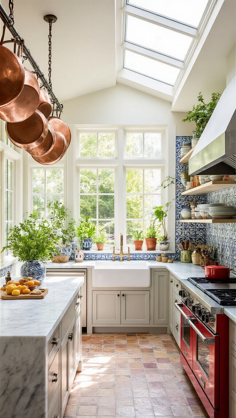 Maximalist chef's kitchen with marble island, cherry red commercial range, copper pots hanging above, open shelves with colorful vintage pottery, Moroccan tile backsplash, and plants in sunny corner.